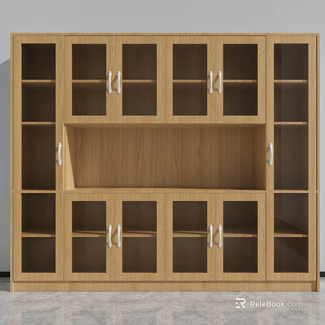 Modern Wooden Storage Cabinets With Glass Doors Metal Handles And Multiple Compartments 3d model 
