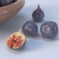 Fresh Purple Figs in Wooden Bowl with Halved Ones and Seeds on White Background