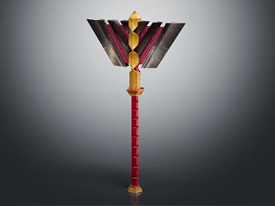 Decorative Battle Hammer With Red Shaft Golden Accents And Black Blades 3d model