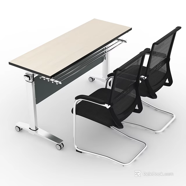 Modern Office Conference Table With Light Wood Top Black Mesh Chairs And Metal Frame 3d model 