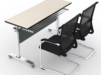 Modern Office Conference Table With Light Wood Top Black Mesh Chairs And Metal Frame 3d model