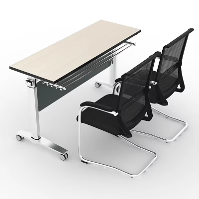 Modern Office Conference Table With Light Wood Top Black Mesh Chairs And Metal Frame 3d model