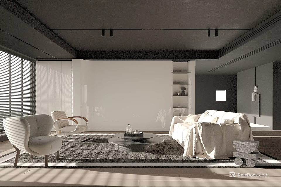 Modern Living Room Interior With White Sofa Armchairs And Area Rug Coffee Table Bookshelf Blinds 3d model 