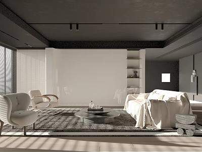 Modern Living Room Interior With White Sofa Armchairs And Area Rug Coffee Table Bookshelf Blinds 3d model