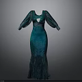 Teal Long Sleeve Square Neck Cutout Fitted Gown With Chic Patterned Fabric