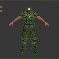 3D Model Of Warrior Character In Metallic Armor With Green Pants And Helmet