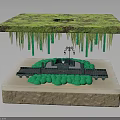 Mossy Suspended Green Platform With Hanging Vines And Mini Landscape Below Stone Pedestal
