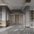 Modern Elegant Hotel Lobby With Grid Partition Large Windows And Green Plants