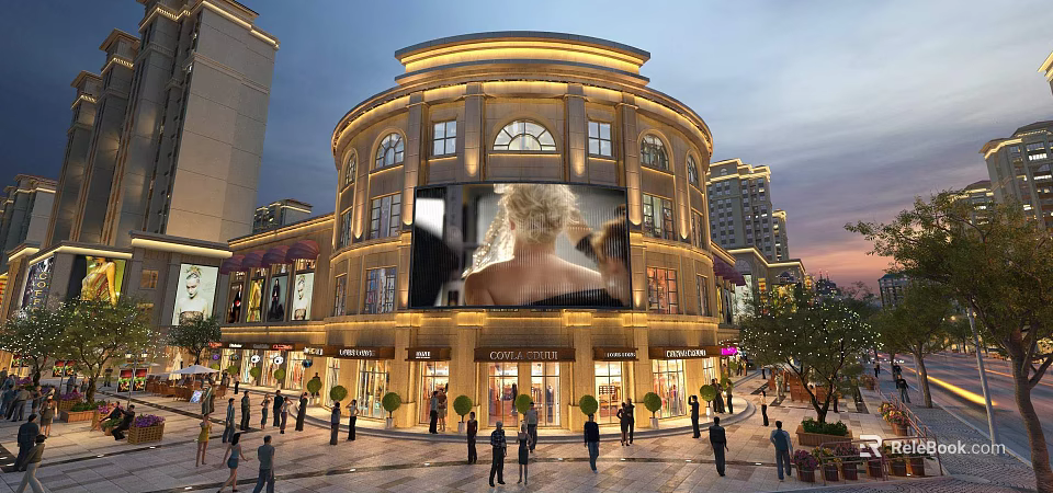 Bustling Commercial Street With Round Building Large Billboard Shops And Evening Pedestrians 3d model 