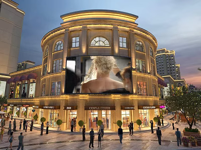 Bustling Commercial Street With Round Building Large Billboard Shops And Evening Pedestrians 3d model