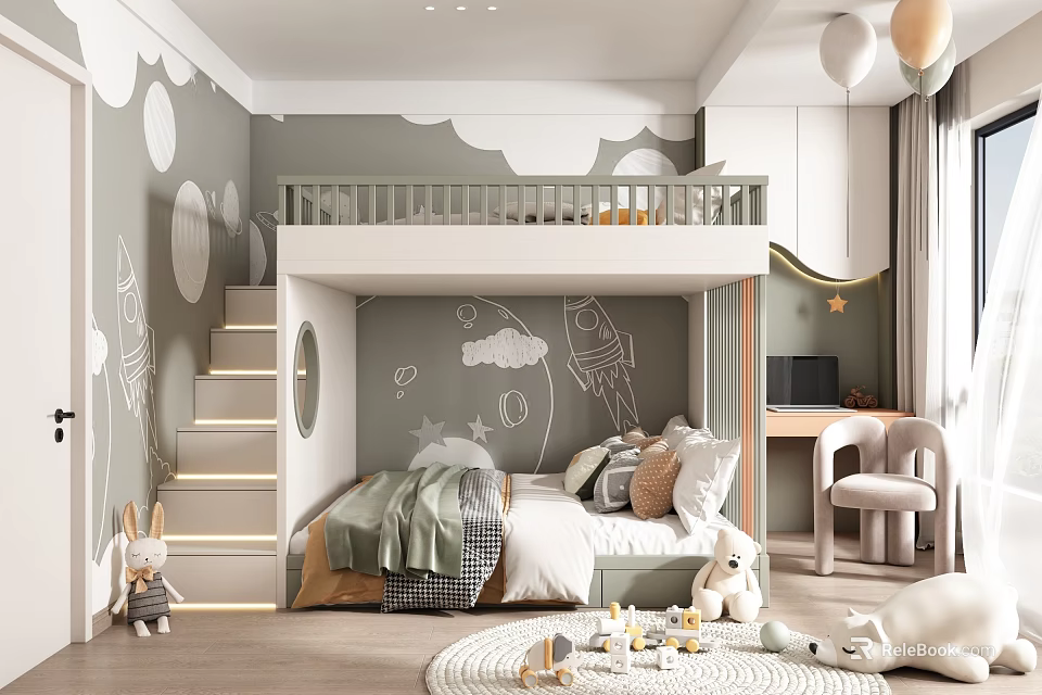 Cozy Kids Room with Bunk Bed Staircase Rocket Cloud Wall Decals Balloons Desk and Stuffed Toys 3d model 