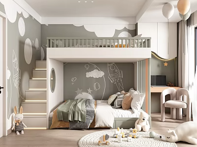 Cozy Kids Room with Bunk Bed Staircase Rocket Cloud Wall Decals Balloons Desk and Stuffed Toys 3d model