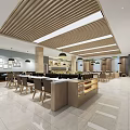 Modern Restaurant Dining Table With Chairs Hanging Pendant Lights Wooden Slat Ceiling And Marble Floor