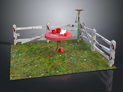 Garden Scene With White Picket Fence Red Round Table And Cups On Green Grass 3d model