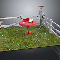 Garden Scene With White Picket Fence Red Round Table And Cups On Green Grass