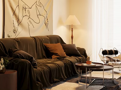 Cozy Dark Sofa with Pillows and Round Coffee Table Set with Floor Lamp and Wall Art 3d model