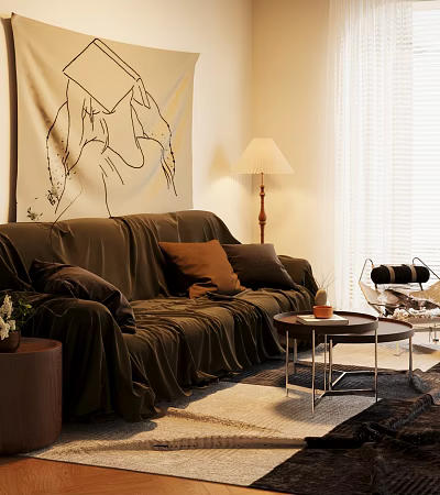 Cozy Dark Sofa with Pillows and Round Coffee Table Set with Floor Lamp and Wall Art 3d model