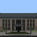 Chinese-style School Building With Gray Tile Roof Light-colored Walls Large Windows And Front Statue Courtyard