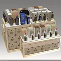 Wooden Multi Tiered Liquor Cabinet Displaying Various Bottles And Boxes 3d model