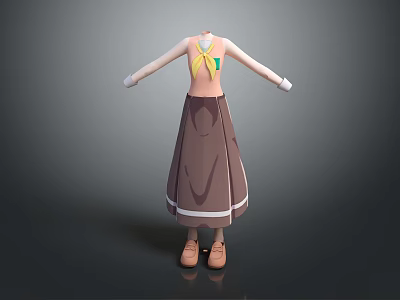 Women Casual Clothing Set With Long Sleeve Top Yellow Vest Brown Skirt And Shoes 3d model