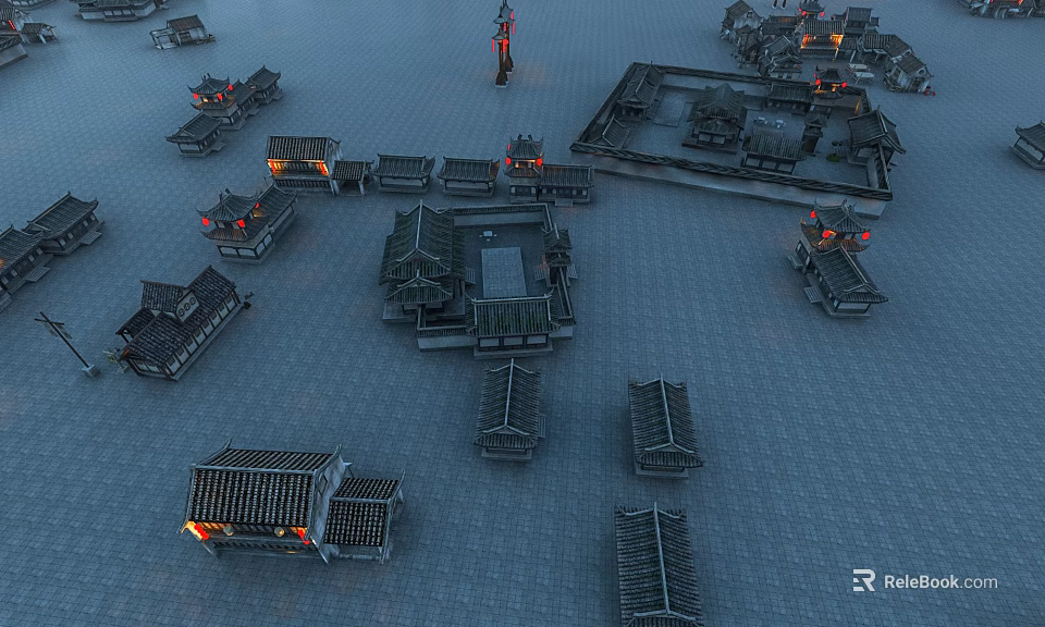 Ancient Architecture Complex Aerial View With Traditional Tile Roofs And Courtyard Layout 3d model 