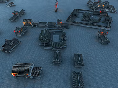Ancient Architecture Complex Aerial View With Traditional Tile Roofs And Courtyard Layout 3d model