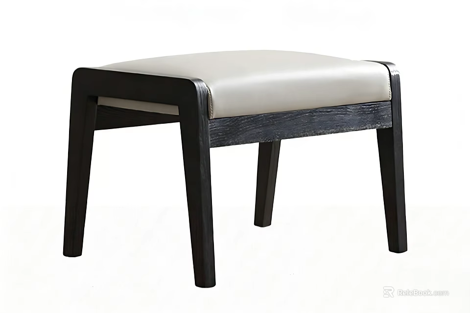 Modern Black Wooden Stool With Light Leather Padded Seat And Sturdy Legs 3d model 