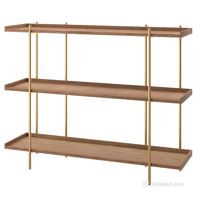 Minimalist Entryway Side Cabinet with Wooden Shelves and Gold Metal Frame 3d model 