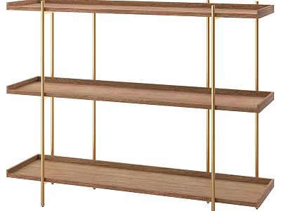Minimalist Entryway Side Cabinet with Wooden Shelves and Gold Metal Frame 3d model