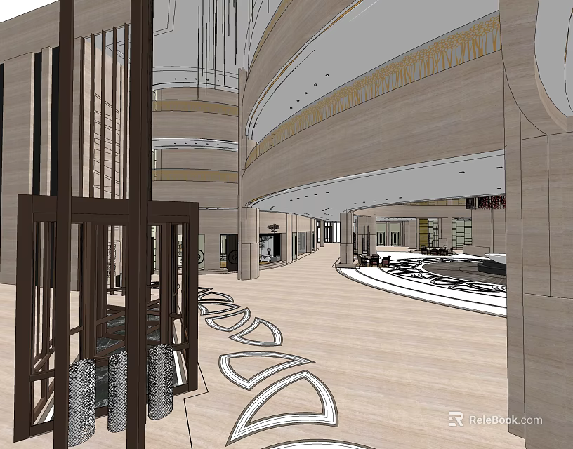 Elegant Hotel Lobby With Revolving Door Marble Floor Curved Ceiling And Chandeliers 3d model 