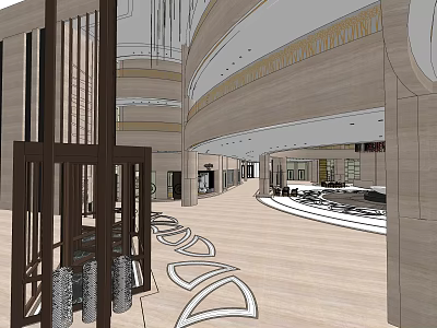 Elegant Hotel Lobby With Revolving Door Marble Floor Curved Ceiling And Chandeliers 3d model