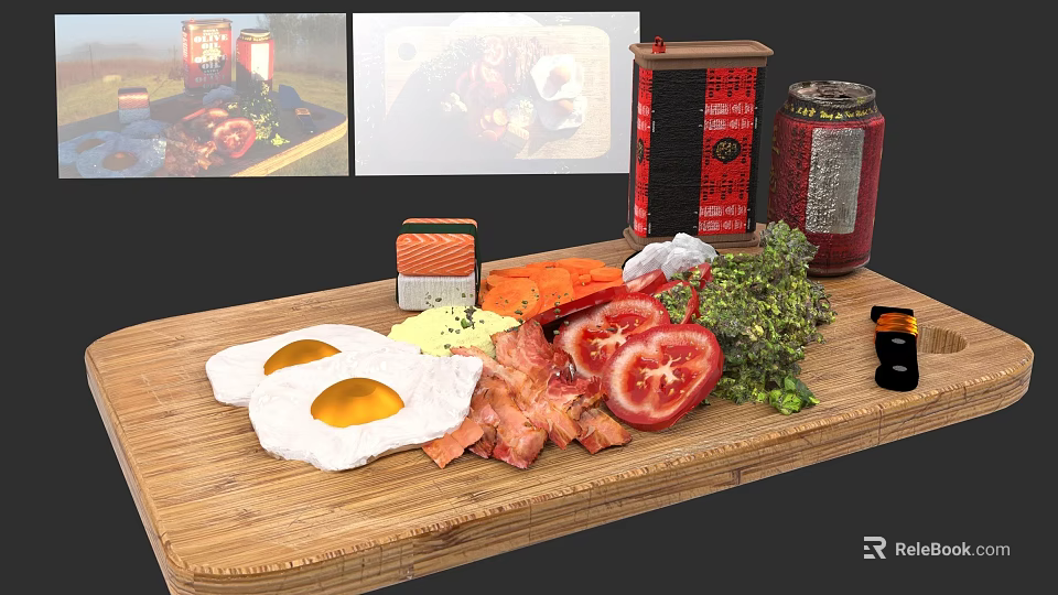 Breakfast Food with Fried Eggs Bacon Tomatoes Fresh Vegetables and Spices on Wooden Cutting Board 3d model 