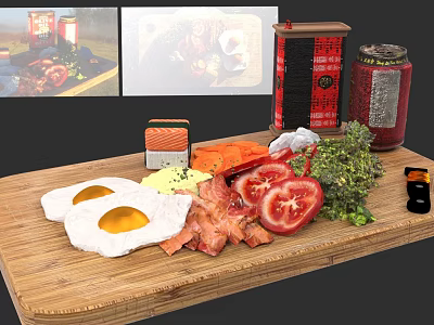 Breakfast Food with Fried Eggs Bacon Tomatoes Fresh Vegetables and Spices on Wooden Cutting Board 3d model