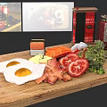 Breakfast Food with Fried Eggs Bacon Tomatoes Fresh Vegetables and Spices on Wooden Cutting Board