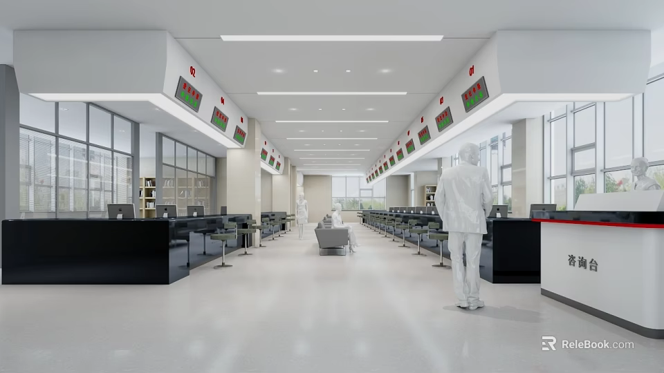 Modern Service Hall With Counters Seating And Displays 3d model 