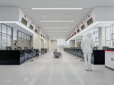 Modern Service Hall With Counters Seating And Displays 3d model