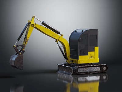 Yellow Compact Excavator On Reflective Surface With Tracked Undercarriage And Front Bucket 3d model