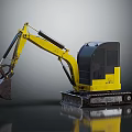 Yellow Compact Excavator On Reflective Surface With Tracked Undercarriage And Front Bucket 3d model