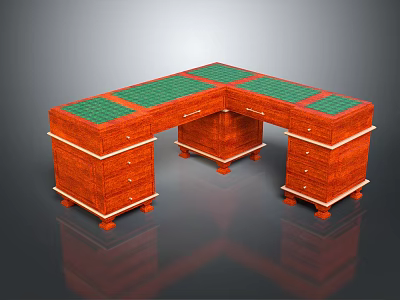 Traditional Red Wooden L Shaped Office Desk With Green Tabletop And Carved Drawer Details 3d model