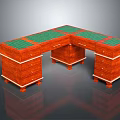 Traditional Red Wooden L Shaped Office Desk With Green Tabletop And Carved Drawer Details