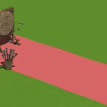 Cartoon Scene of Green Grass Field With Red Track Target Left and Flower Pots Right