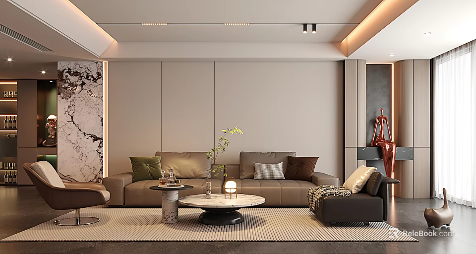 Elegant Modern Living Room Interior With Sofa Coffee Table Rug And Decorative Plants 3d model 