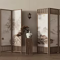 Traditional Chinese Wooden Folding Screen with Landscape Paintings Lantern and Vase for Interior Decor