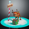 Little Reindeer By North Pole Sign With Red White Striped Pole And Gift Box On Snow
