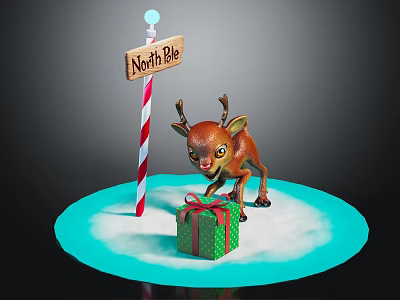 Little Reindeer By North Pole Sign With Red White Striped Pole And Gift Box On Snow 3d model