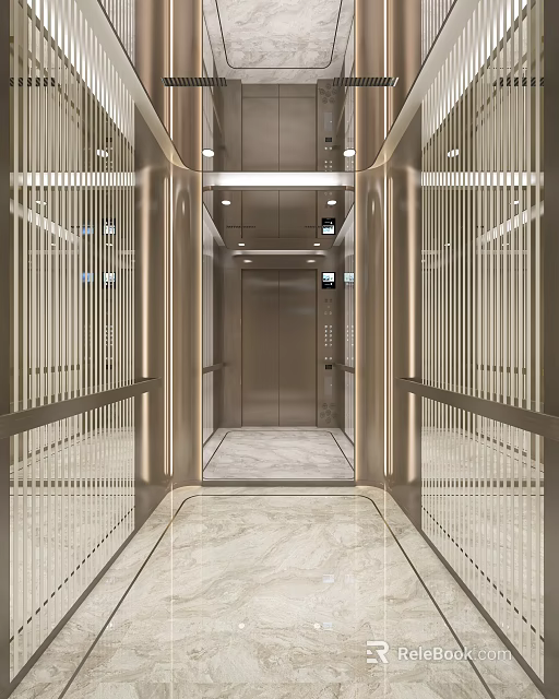 Modern Elevator Lobby Interior Design With Glass Partitions Metal Frames And Marble Flooring 3d model