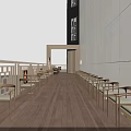 Restaurant Outdoor Terrace Featuring Wooden Flooring Arranged Tables Chairs White Walls River View Blue Sky