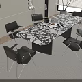 Modern Dining Table Set With Marble Pattern Top And Black Chairs On Rug 3d model
