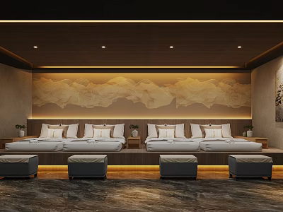 Relaxing SPA Sauna Interior With Mountain Landscape Wall And White Bed Sheets 3d model
