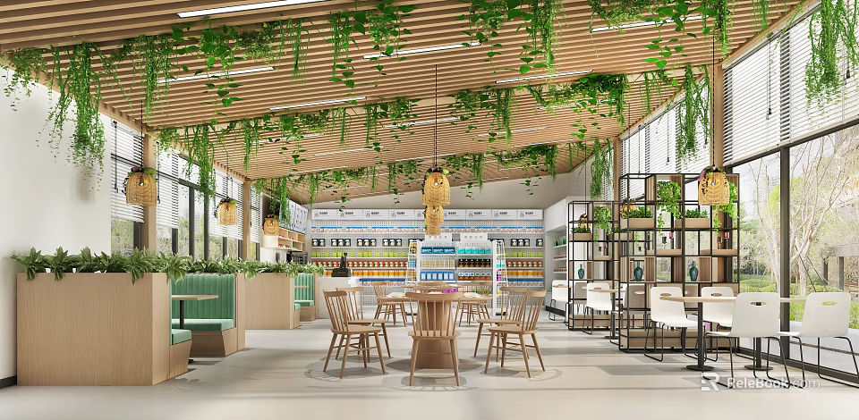 Modern Restaurant Interior Featuring Wooden Ceiling Hanging Green Plants Pendant Lights Dining Tables And Chairs 3d model 